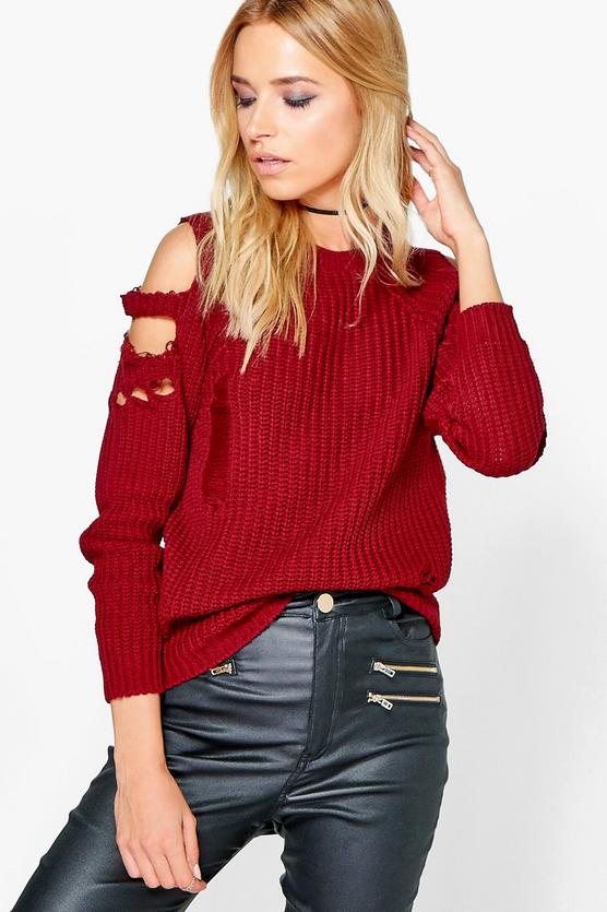 Petite Lauren Distressed Cold Shoulder Jumper